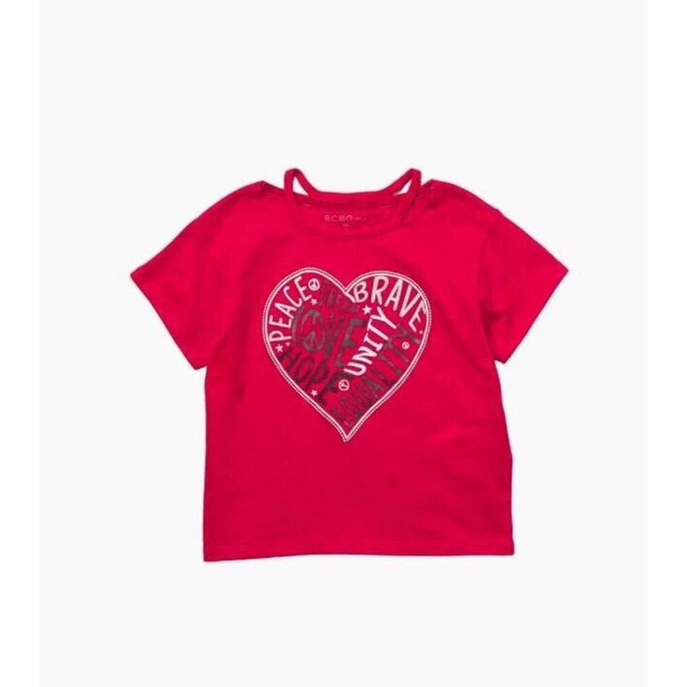 BCBG Girls Novelty Short Sleeve Graphic Heart Cut Out Neck T-Shirt in Red 6X $24